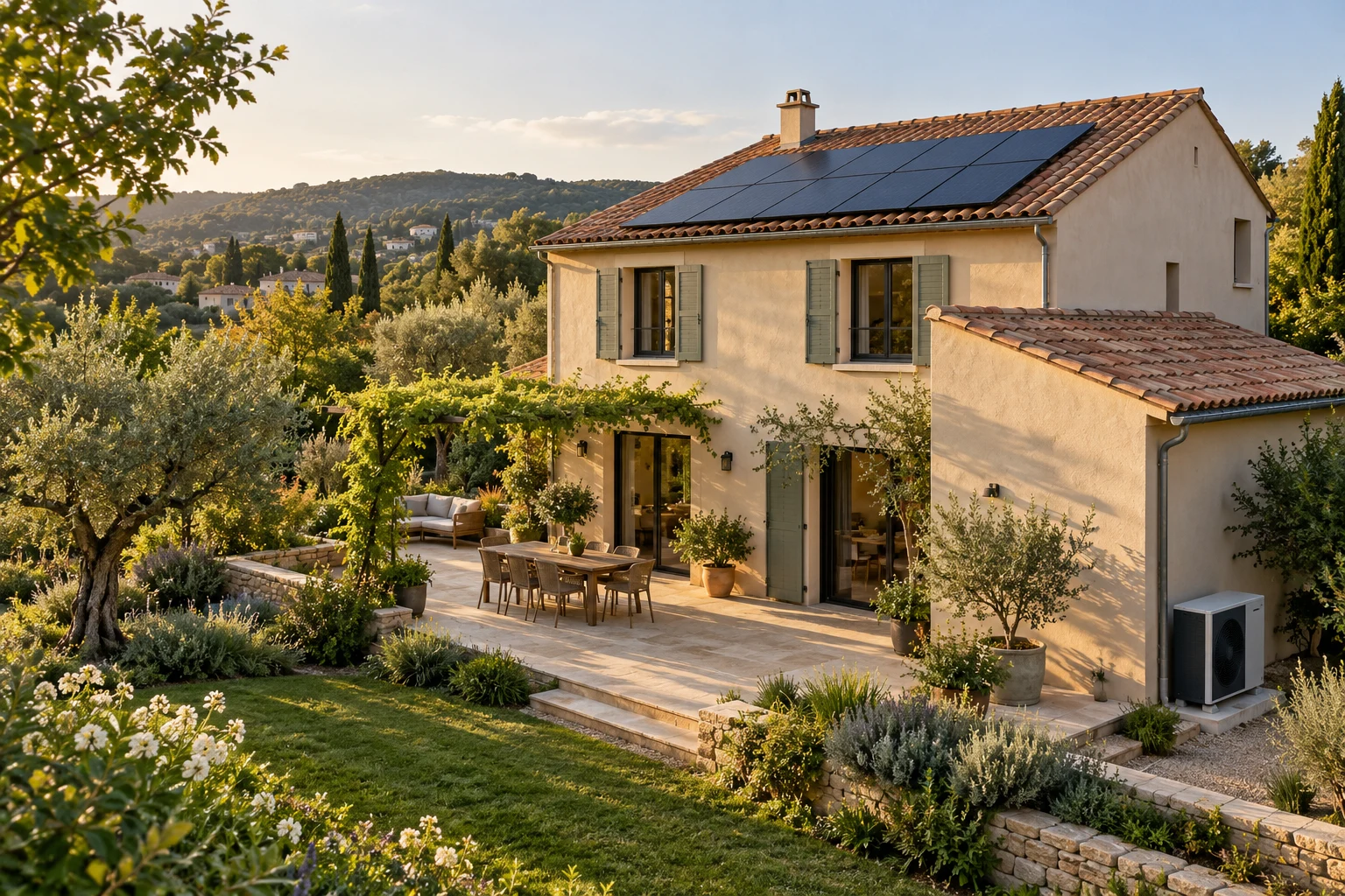 Illustration d’une maison rénovée avec panneaux solaires, dans un jardin arboré